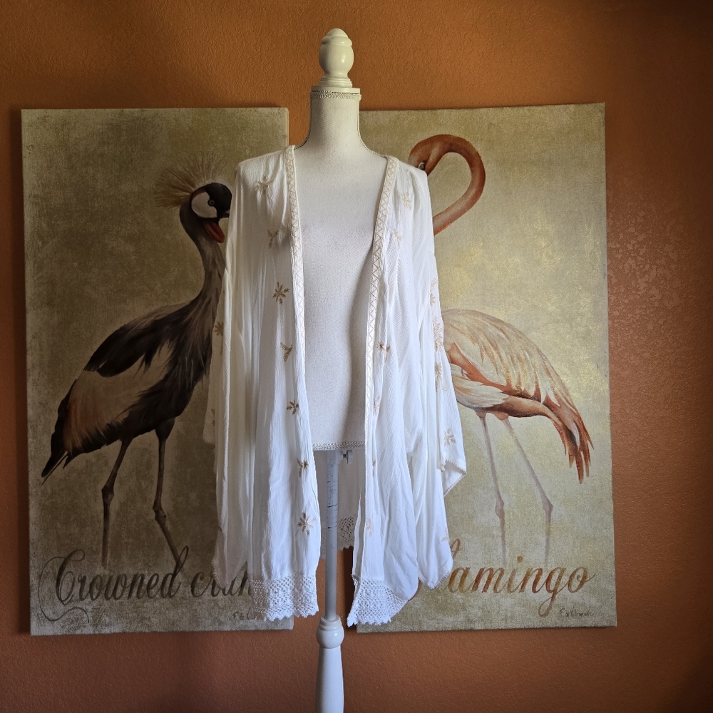 3/$25 Style & Co Cover Up Top Boho Kimono White Lace Embroidered L XL